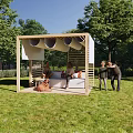 Wooden Pergola With Canopy Shade Seating Area In Grass Lawn Surrounded By Trees And People