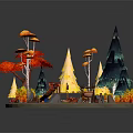 Vibrant Fairy Tale Forest Scene With Colorful Trees Mushroom Decorations Little Figures Tables And Chairs