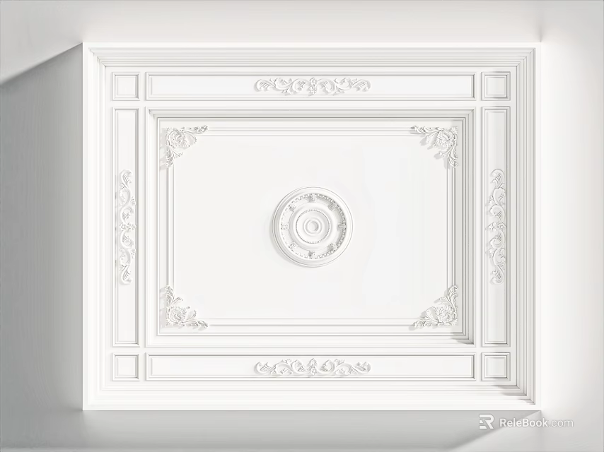 Elegant White Ceiling With Ornate Carvings And Central Circular Decoration 3d model 