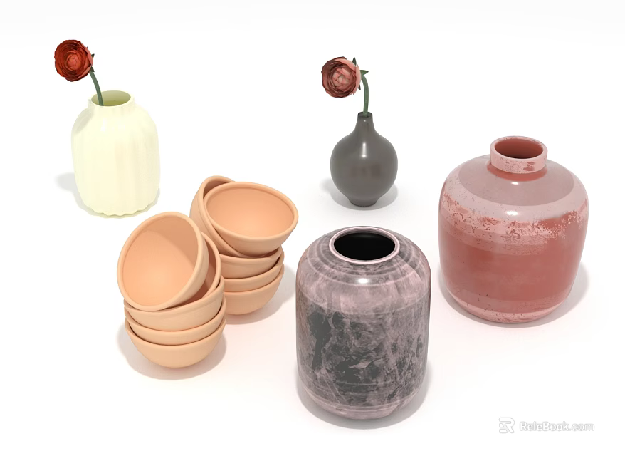 Ceramic Household Items Including White Gray Red Vases And Light Brown Bowls With Red Flowers 3d model 