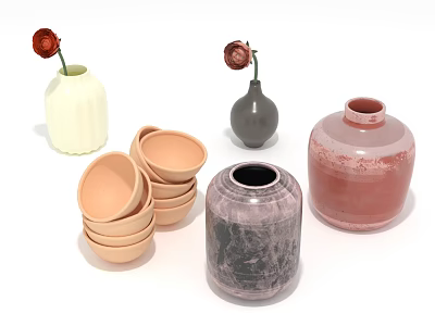 Ceramic Household Items Including White Gray Red Vases And Light Brown Bowls With Red Flowers 3d model