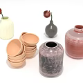 Ceramic Household Items Including White Gray Red Vases And Light Brown Bowls With Red Flowers
