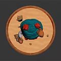 Red Horned Girl With Blue Turban Skull Decoration Holding Little Bird On Wooden Base