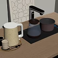 Modern Kitchen Appliances on Wooden Countertop Including Electric Kettle Glass Teapot Insulated Pot and Mugs