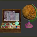Vintage Decorative Ornament Set With Wooden Box Globe Maps And Small Decorative Pieces