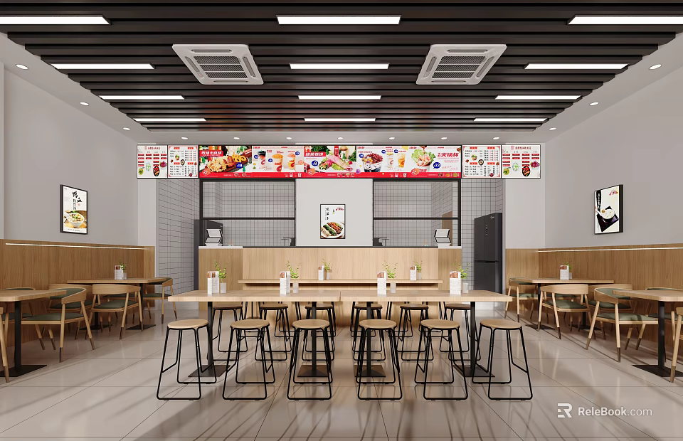 Modern Restaurant Interior Featuring Wooden Tables High Stools Menu Posters And Ceiling Light Strips 3d model 