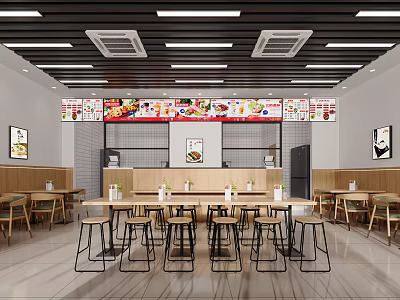 Modern Restaurant Interior Featuring Wooden Tables High Stools Menu Posters And Ceiling Light Strips 3d model