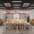 Modern Restaurant Interior Featuring Wooden Tables High Stools Menu Posters And Ceiling Light Strips