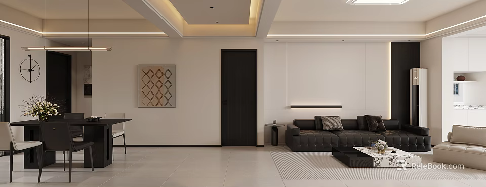 Modern Living and Dining Room Interior With Black Sofa Decorative Painting And Lighting Design 3d model 