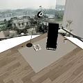 Modern Black Leather Lounge Chair in Minimalist Interior with Floor Fan Magazine and Potted Plant