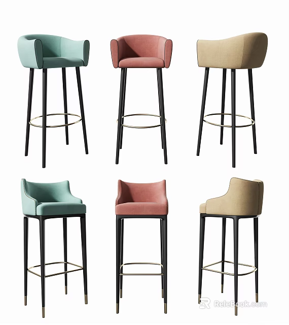Modern Stylish Teal Pink Beige Velvet Bar Stools With Black Metal Legs And Gold Accents 3d model 