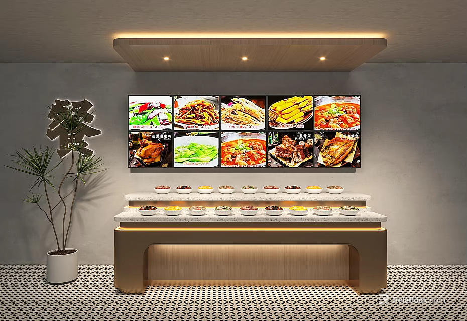Modern Sideboard with Displayed Dishes Digital Menu Screen and Potted Plant in Restaurant 3d model 