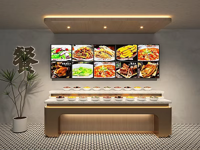 Modern Sideboard with Displayed Dishes Digital Menu Screen and Potted Plant in Restaurant 3d model