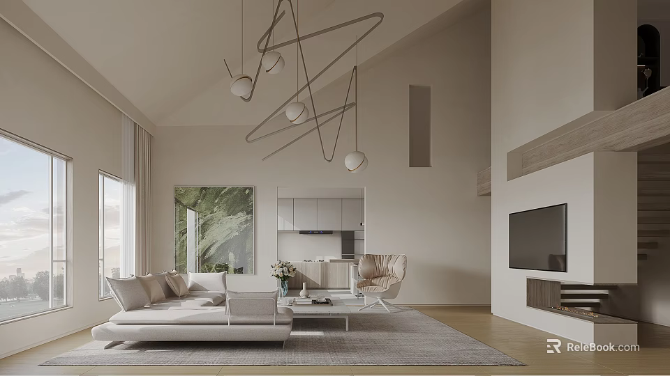 Loft Style Living Room With Minimalist Design And Spacious Layout 3d model 