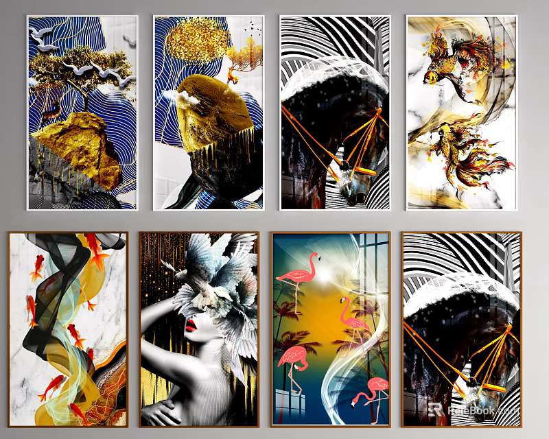 Various Abstract Art Prints With Flamingo Bird Figure Gold Accents And Geometric Patterns 3d model 