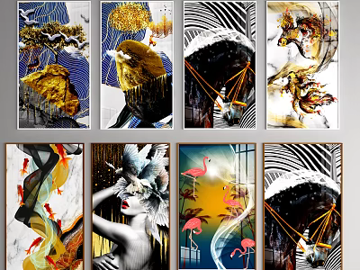 Various Abstract Art Prints With Flamingo Bird Figure Gold Accents And Geometric Patterns 3d model