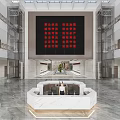 Court Service Hall Interior Design With Marble Counters Green Plant And Geometric Floor Pattern