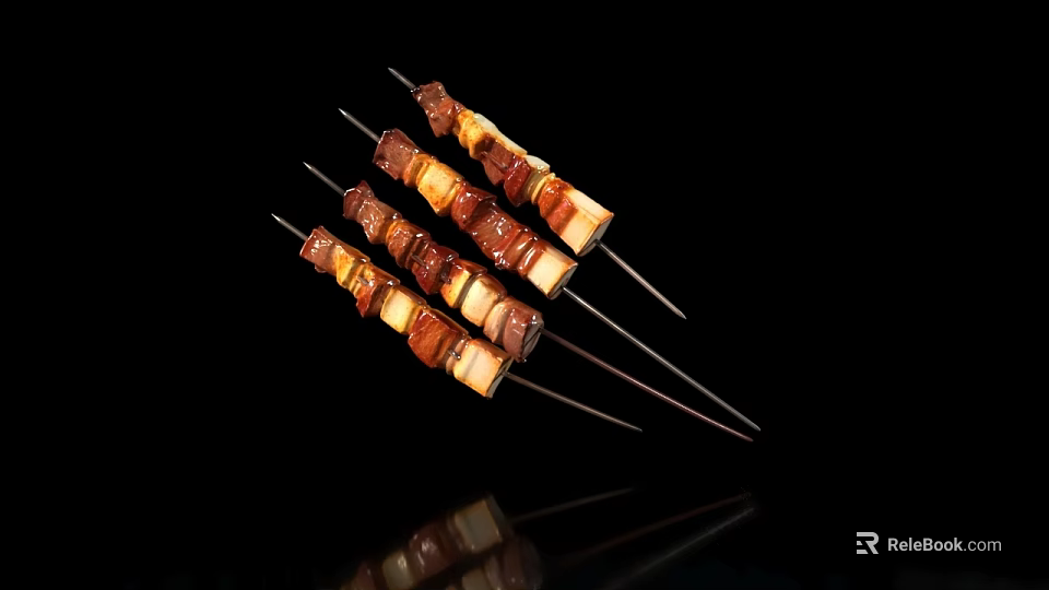 Colorful Grilled Meat And Vegetable Skewers On Black Background With Charred Edges 3d model 