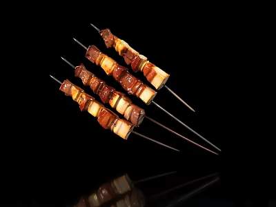 Colorful Grilled Meat And Vegetable Skewers On Black Background With Charred Edges 3d model