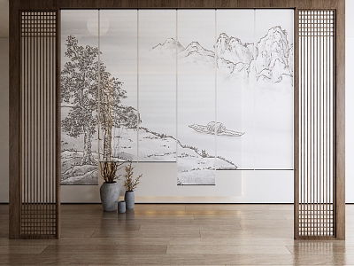 New Chinese-style roller shutter landscape ink painting gauze curtain partition 3d model