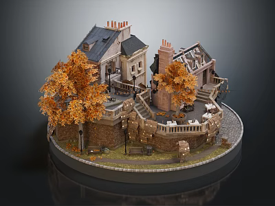 Cozy Detached Villa with Autumn Orange Trees Stone Steps Chimneys and Outdoor Seating 3d model