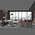 Modern Office Interior Design With Sofa Desk Red Chairs Bookshelves And Large Windows
