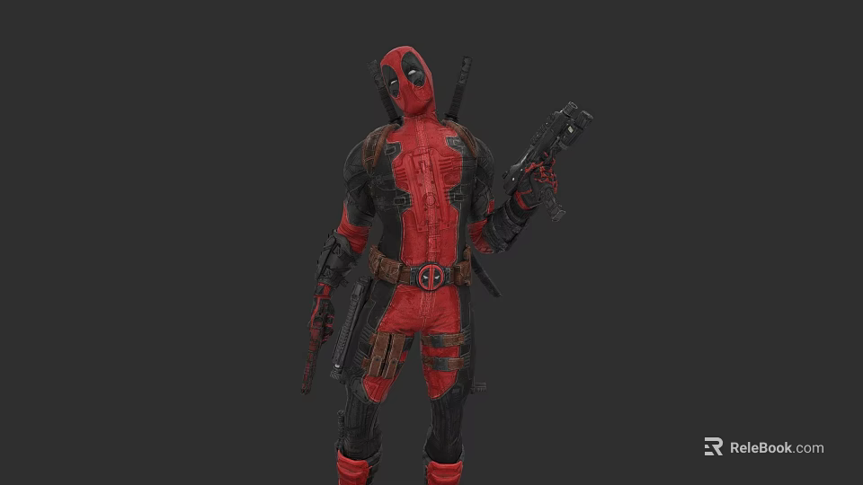 Deadpool Movie Character in Red Black Costume With Mask Holding Gun And Swords 3d model 