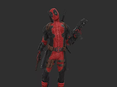 Deadpool Movie Character in Red Black Costume With Mask Holding Gun And Swords 3d model
