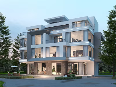 Modern Detached Villa Exterior Design With Multi Story Large Glass Windows Balconies And Greenery Surroundings 3d model