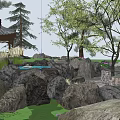 Traditional Landscape Pavilion Surrounded by Rocks and Green Trees Under Blue Sky