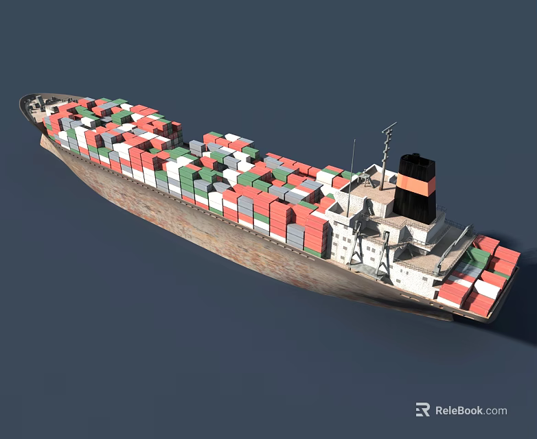 Container Ship With Stacked Red Green White Containers On Deck 3d model 