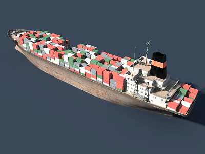 Container Ship With Stacked Red Green White Containers On Deck 3d model