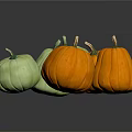 Fresh Green And Orange Pumpkins Grouped Together On Dark Reflective Surface 3d model
