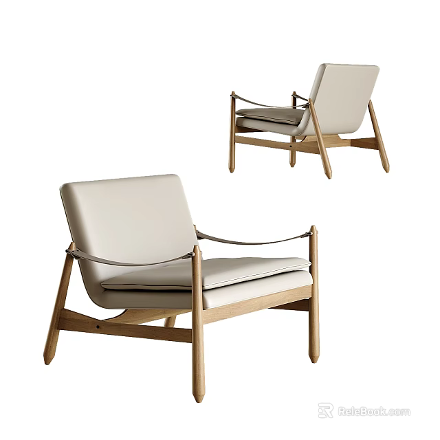 Modern Minimalist Single Sofa With Light Beige Leather Upholstery And Wooden Legs Design 3d model 