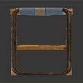 Two Foldable Stools Bamboo Metal Frames Crossed Legs Beige Blue Seats Brown Stripe