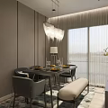 Elegant Dining and Living Room Interior with Chandelier Round Mirror and Table Setting