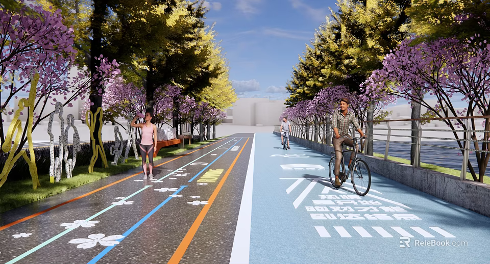 Road Facilities Featuring Colored Lanes Bicycle Path Flowering Trees For Pedestrians And Cyclists 3d model 