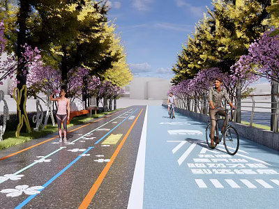 Road Facilities Featuring Colored Lanes Bicycle Path Flowering Trees For Pedestrians And Cyclists 3d model