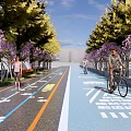 Road Facilities Featuring Colored Lanes Bicycle Path Flowering Trees For Pedestrians And Cyclists 3d model
