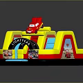 Inflatable Playground Equipment With Red Car Slide Tires Yellow Red Cartoon Design