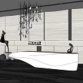 Modern Front Desk Reception Interior With Curved White Desk Hanging Sculptural Chandelier And Decorative Sculptures