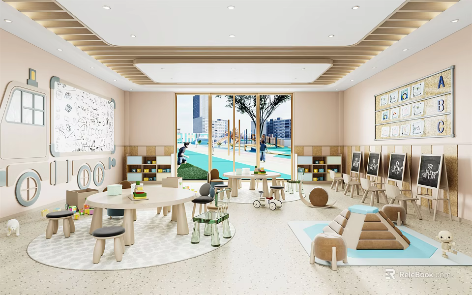 Bright Kindergarten Indoor Environment With Colorful Tables Chairs Bookshelves Toys And Activity Space 3d model 