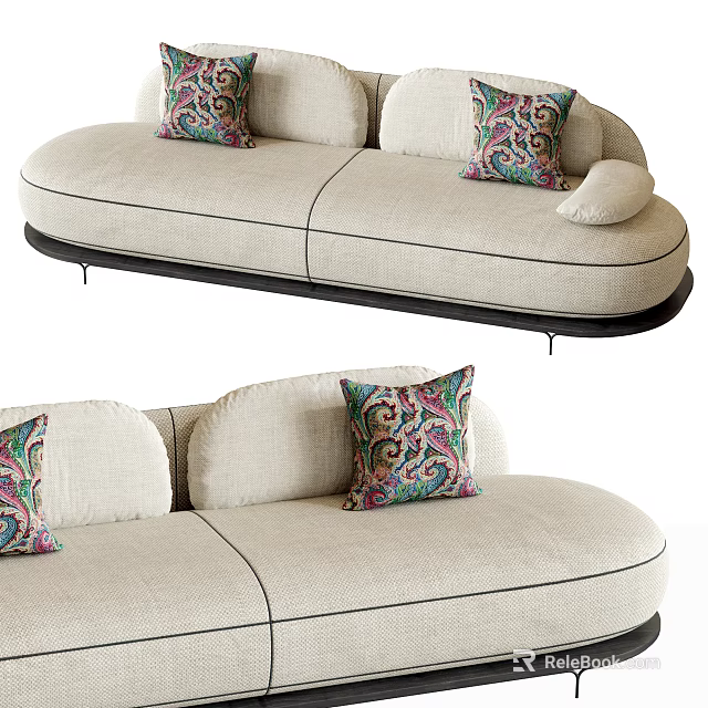 Modern Curved Two Seater Sofa Design With Patterned Pillows And Beige Upholstery 3d model 