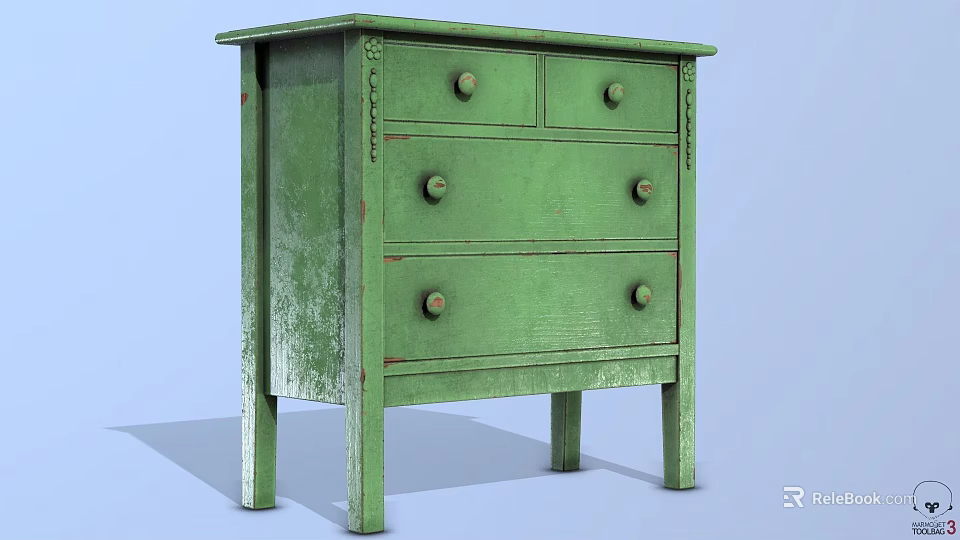 Vintage Green Wooden Console Side Cabinet With Distressed Finish Drawers And Slender Legs 3d model 