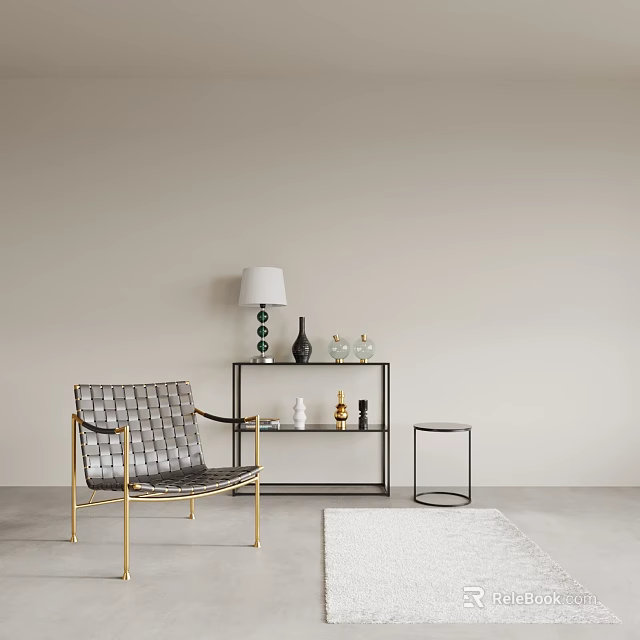 Modern Minimalist Interior Design With Rattan Chair Gold Frame Black Side Table And Decorative Items 3d model 