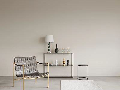 Modern Minimalist Interior Design With Rattan Chair Gold Frame Black Side Table And Decorative Items 3d model