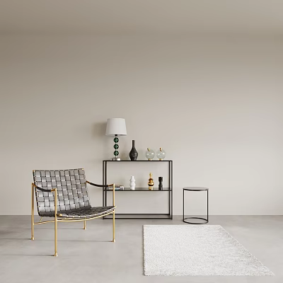 Modern Minimalist Interior Design With Rattan Chair Gold Frame Black Side Table And Decorative Items 3d model