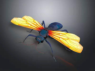 Insect with Blue Body and Yellow Transparent Wings Featuring Red Patterns on Dark Background 3d model