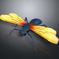Insect with Blue Body and Yellow Transparent Wings Featuring Red Patterns on Dark Background