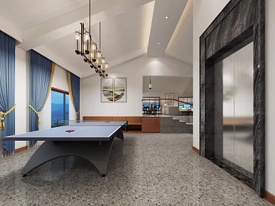 Modern Recreation Room Interior With Pool Table Chandelier Blue Curtains And Decorative Painting 3d model